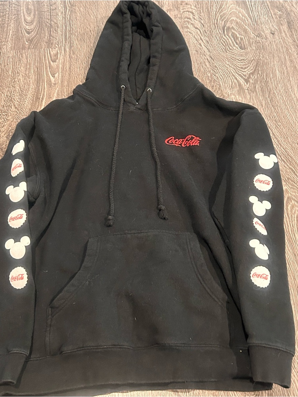 Coca Cola Black Hoodie with Red Script and White Sleeve Icons